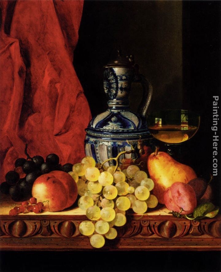 Edward Ladell Still Life With Grapes, A Peach, Plums And A Pear On A Table With A Wine Glass And A Flask